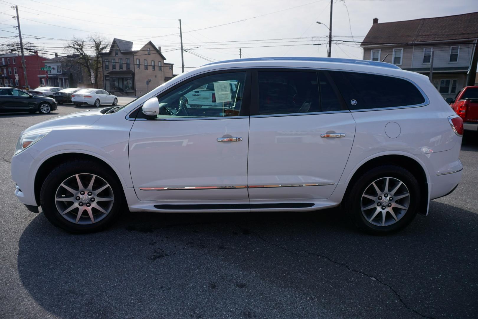 2017 White Frost Tricoat /Ebony w/Ebony Accents BUICK ENCLAVE LEATHER (5GAKVBKD2HJ) with an 3.6L V-6 gasoline direct injection engine, located at 312 Centre Ave, Schuylkill Haven, PA, 17972, (570) 593-5278, 40.638130, -76.177383- Photo#0