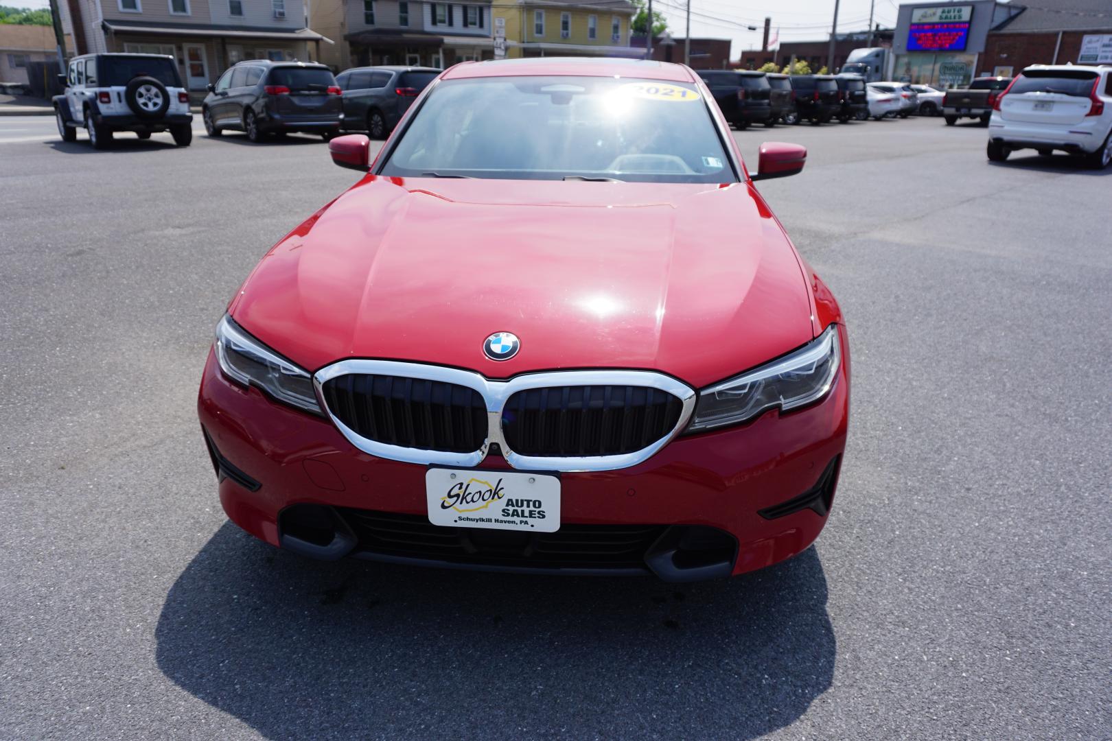2021 MELBOURNE RED METALL BMW 3-SERIES 330E XDRIVE (WBA5P9C02MF) with an 2L I4 engine, AUTOMATIC transmission, located at 312 Centre Ave, Schuylkill Haven, PA, 17972, (570) 593-5278, 40.638130, -76.177383- Photo#1