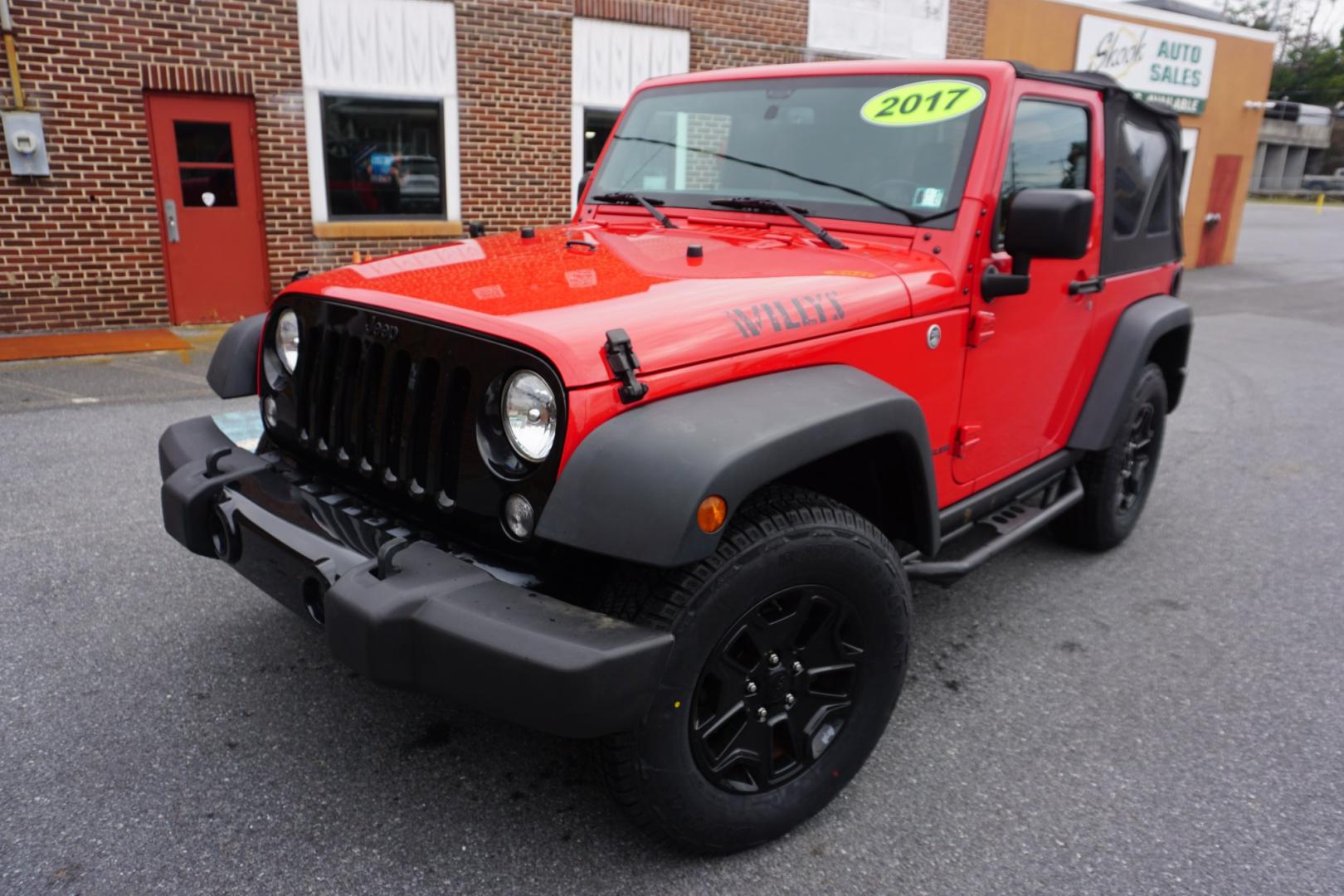 2017 RED /BLACK JEEP WRANGLER WILLYS WHEELER (1c4ajwag0hl) with an 3.6L V6 engine, AUTOMATIC transmission, located at 312 Centre Ave, Schuylkill Haven, PA, 17972, (570) 593-5278, 40.638130, -76.177383- Photo#2
